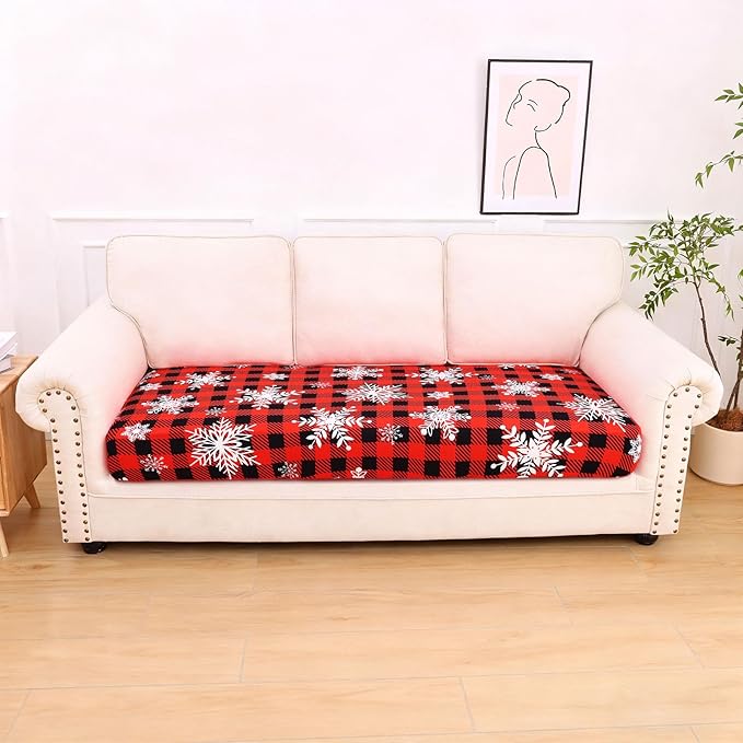 hyha Printed Couch Cushion Covers, Floral Sofa Covers Washable for 3 Cushion Couch, Stretch Pattern Outdoor Cushion Covers for Patio Furniture with Elastic Bottom(Large, Checkered Snowflake)