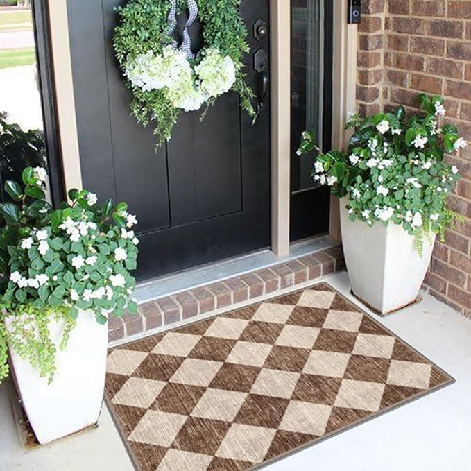 Front Door Rug - 2x3 Brown Beige Non-Slip Washable Doormat Indoor Outdoor Mat Outside Entrance Entry Rug Checkered Diamond Small Area Rugs for Entryway Bedroom Kitchen Front Porch Decor