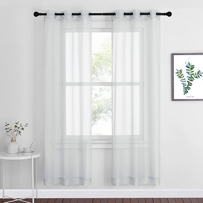 NICETOWN Sheer Curtains 72 inches Long - Silver Eyelet Top Light Filter Window Drapes Airy & Breathable Living Room Voile Panels for Living Room/Apartment, Light Gray, 74" W Total 2 Pieces