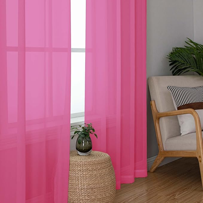 OWENIE Hot Pink Kitchen Sheer Curtains for Bedroom Living Room 45 Inch Length, Bedroom, Soft Solid Light Filtering Voile Short Sheer Curtain for Small Window, 42" W x 45" L, Hot Pink