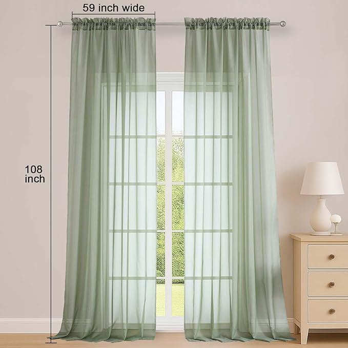 OWENIE Sage Green Sheer Curtains 108 Inches Long for Living Room Bedroom 2 Panels Set, Lightweight Airy Sage Green Sheer Curtain, Filmy Rod Pocket, 2 PCS, Each 59" W x 108" L
