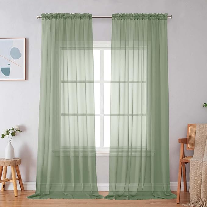 Simplebrand Sage Green Sheer Curtains 96 Inches Long, Light Filtering Rod Pocket Solid Color Window Sheer Curtain Panels, Elegant Curtains & Drapes for Living Room, Bedroom 2 Panels, 59" W x 96" L