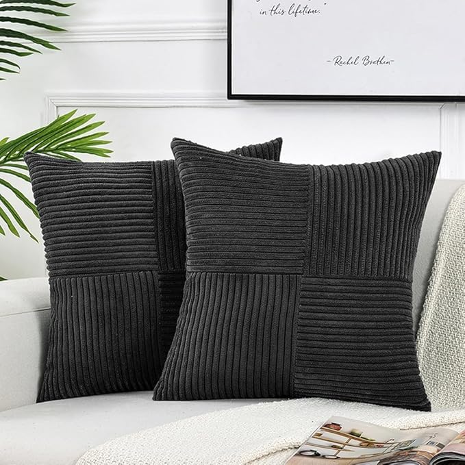 Fancy Homi 2 Packs Black Samll Decorative Throw Pillow Covers 12x12 Inch with for Couch Bed Sofa, Rustic Farmhouse Boho Home Decor, Soft Corss Patchwork Corduroy Square Cushion Case 30x30 cm