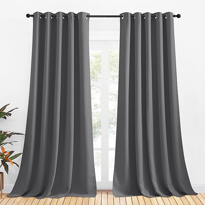NICETOWN Grey Blackout Curtain Panels for Bedroom, Thermal Insulated Grommet Top Blackout Draperies and Drapes for Basement (2 Panels, W70 x L95-inch, Grey)