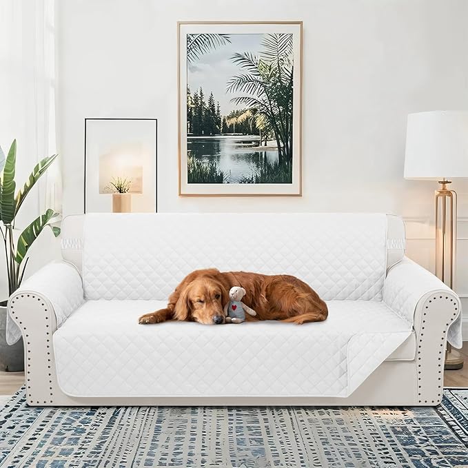 Reversible 4 Seater Sofa Cover 91 Inch Large Couch Cover Furniture Protector(Sofa XX-Large,White/White