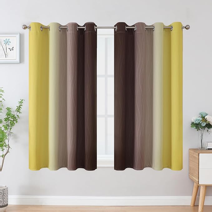 Estelar Textiler Brown and Yellow Blackout Curtains 45 Inch Length, Full Light Blocking Gradient Drapes for Kitchen, Thermal Insulated Grommet Ombre Curtains for Bathroom, 52Wx45L, 2 Panels