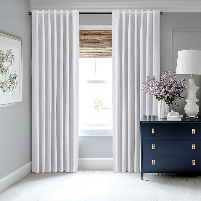 MIULEE 100% Blackout Linen Curtains for Bedroom, Grayish White Solid Luxury Decor Thermal Insulation Room Darkening Drapes for Living Room Nursery Back Tab Rod Pocket 42 x 72 Inches, 2 Panels