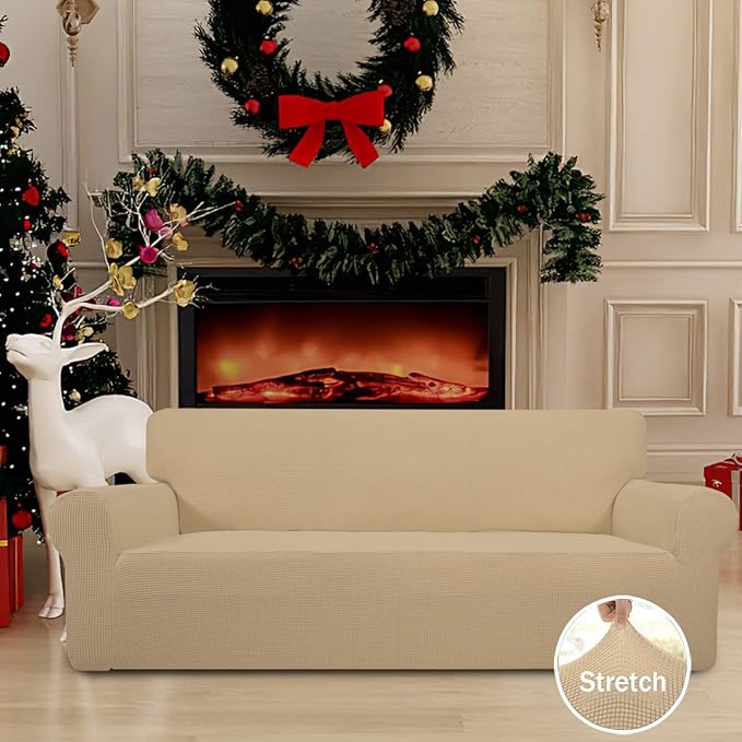 Easy-Going Stretch Sofa Slipcover 1-Piece Sofa Cover Furniture Protector Couch Soft with Elastic Bottom for Kids, Polyester Spandex Jacquard Fabric Small Checks (Sofa, Sand)