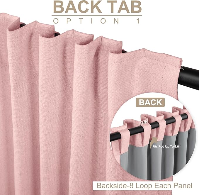 100% Blackout Shield Linen Blackout Curtains for Bedroom 108 Inches Long, Back Tab/Rod Pocket Living Room Drapes, Thermal Insulated Blackout Curtains 2 Panels Set, 50" W x 108" L,Baby Pink