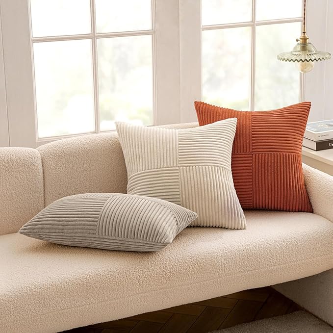 MIULEE Light Brown Decorative Throw Pillow Covers 18x18 Inch for Couch Bed Sofa Pack of 2 Boho Neutral Farmhouse Throw Pillows Soft Cross Corduroy Patchwork Textured Cushion Cases