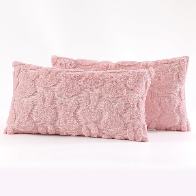 decorUhome Easter Bunny Pillow Covers 12x20 Inch Set of 2, Soft Plush Faux Wool Jacquard Pink Rabbit Cushion Covers, Farmhouse Neutral Spring Easter Holiday Decor for Couch Sofa Bed