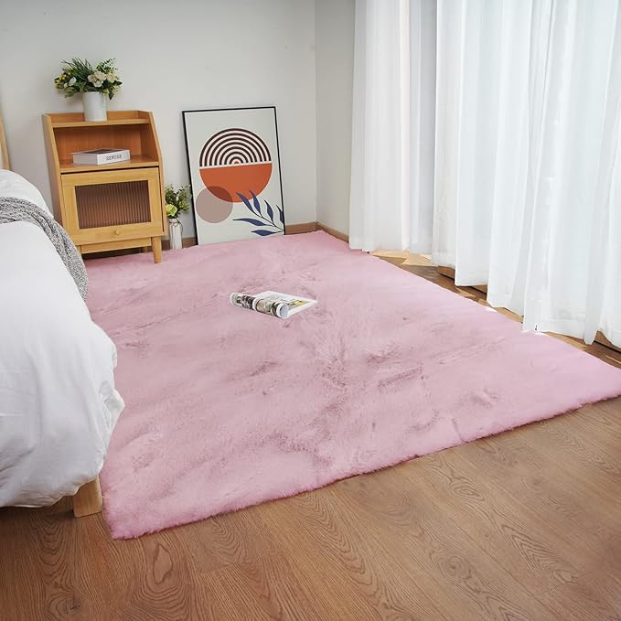 Ghouse Ultra Soft Faux Rabbit Fur Rug 5x7, Machine Washable Area Rugs for Bedroom Fluffy Rugs for Living Room, no-Shedding Carpet Sheepskin Rug Pink