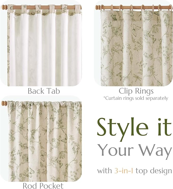 jinchan Floral Curtains Lined Linen Blend Curtain for Living Room 63 Inch Length Sage Green Farmhouse Flower Patterned Curtain French Country Curtains Drapes Back Tab Rod Pocket 2 Panels