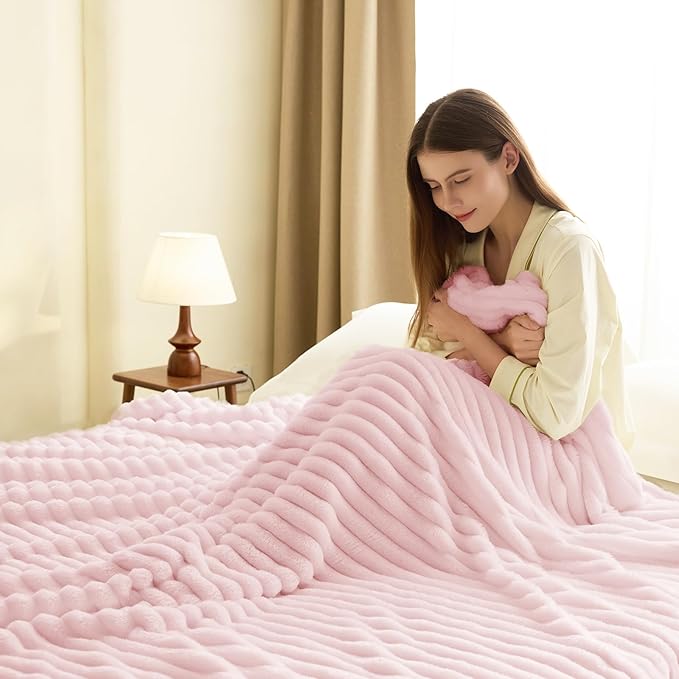 HIMEET Pink Ribbed Twin Blanket for Bed - 300GSM Lightweight Soft Fleece Blanket for Men Women, Cozy Blankets Graduation Birthday Gifts, Striped Spring Home School Dorm Decor, Pink, 60x80 Inches