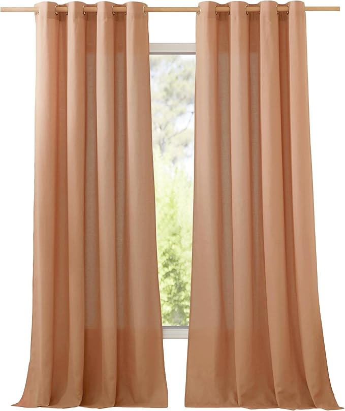 NICETOWN Linen Burnt Orange Curtains 90 inch Length 2 Panels, Grommet Privacy Added Thick Flax Linen Burlap Semi Sheer Light Filtering Window Treatments for Bedroom/Girls Room, W55 x L90