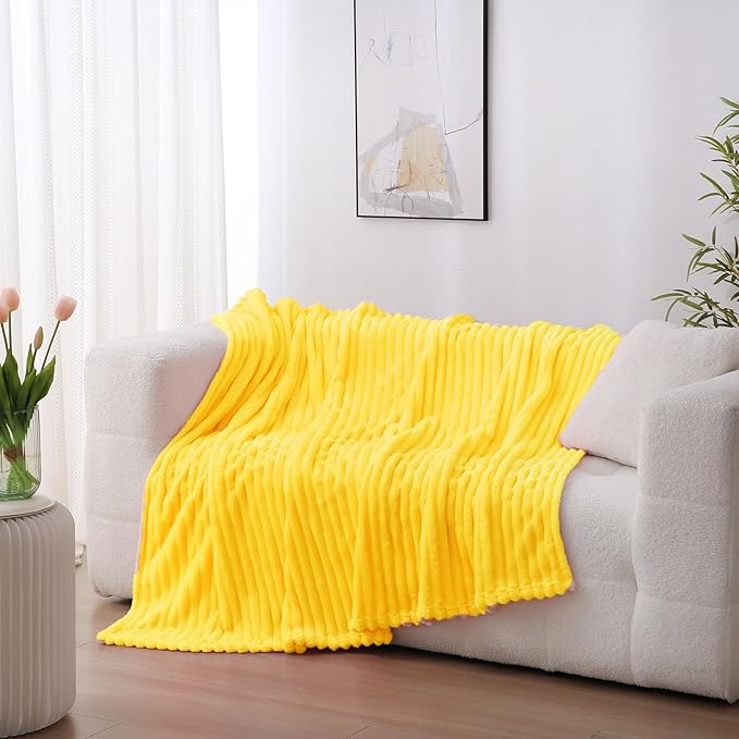 Bright Yellow Fleece Throw Blanket 50”×60” for Couch Sofa Bed,Super Soft Cozy Plush Microfiber Flannel Blanket with Stripes Design Lightweight for Adults,Woman,Girls