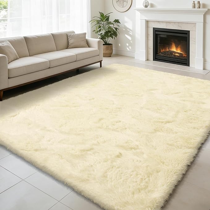 Ultra Soft Fluffy Area Rugs for Bedroom Living Room 10x12, Nursery Rug, Non-Slip Carpet for Kids Dorms Decor, Shaggy Bedside Rug, Ivory
