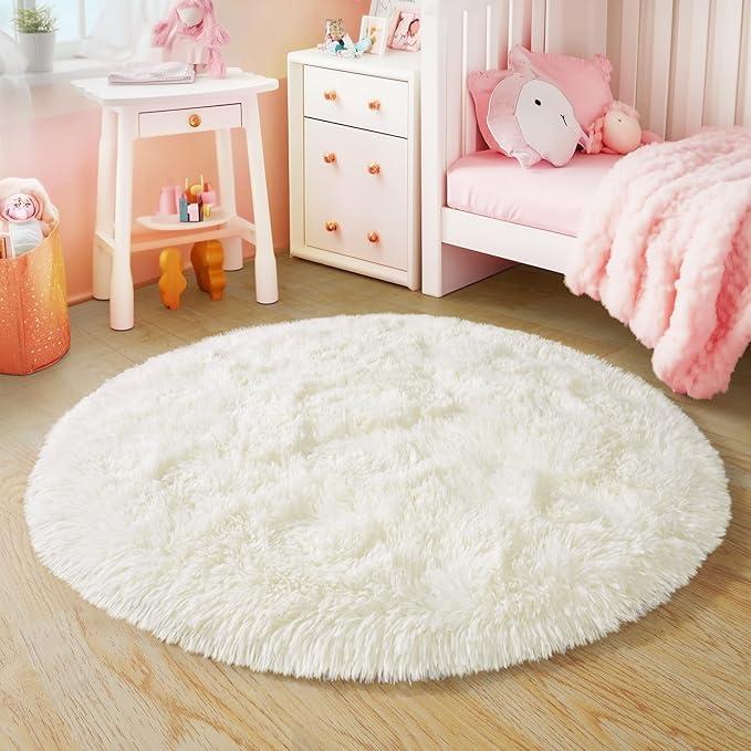3'x3' Cream Round Rugs for Girls Bedroom, Ultra Soft Fluffy Circle Rug for Kids Room, Cute Small Shag Rugs for Living Room Playroom Tent Castle Home Decor Rug