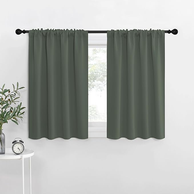 NICETOWN Bedroom Curtains Blackout Draperies - All Season Thermal Insulated Solid Rod Pocket Top Blackout Curtains/Drapes for Kid's Room (Dark Mallard, 1 Pair, 34 x 30 Inch)