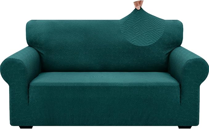 ZNSAYOTX 1 Piece Jacquard Couch Covers for 2 Cushion Couch High Stretch Loveseat Slipcover for Pets Dogs Anti Slip Love Seat Sofa Slipcover Furniture Protector (Medium, New Pattern Blackish Green)