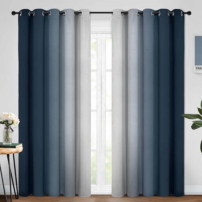 Yakamok Room Darkening Ombre Curtains 84 Inch Length, Navy Blue and Greyish White Thermal Insulated Gradient Color Curtains,Light Blocking Grommet Window Drapes for Bedroom,62 Inch Width,2 Panels