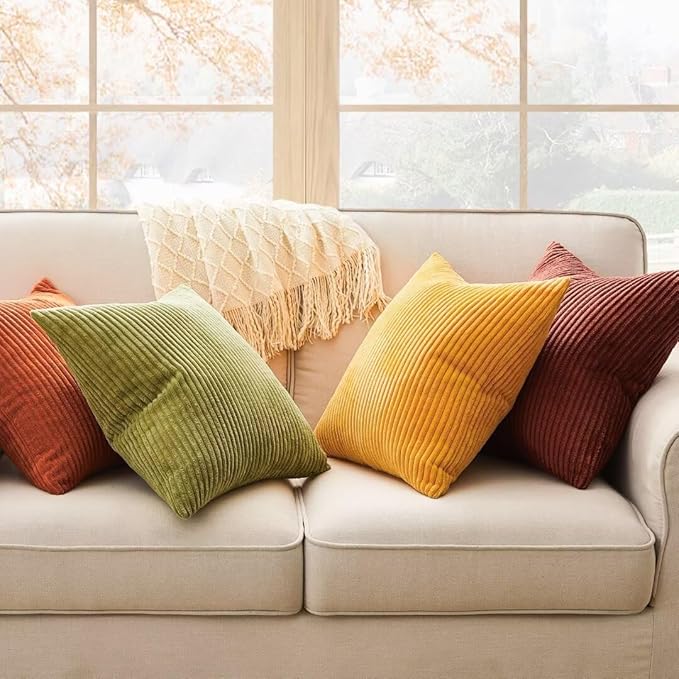 Topfinel Fall 20x20 Set of 4 Couch Decorative Pillow Covers,Modern Burnt Orange Yellow Green Gradient Corduroy Throws Pillow Case,Rustic Western Cushion Covers for Bed Sofa Living Room Home Decor