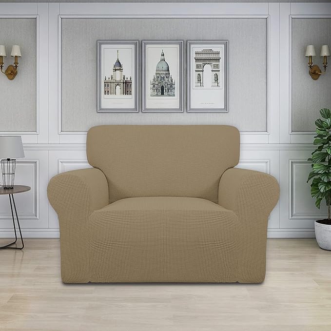 Easy-Going Stretch Oversized Chair Sofa Slipcover 1-Piece Couch Sofa Cover Furniture Protector Soft with Elastic Bottom for Kids Spandex Jacquard Fabric Small Checks Tan