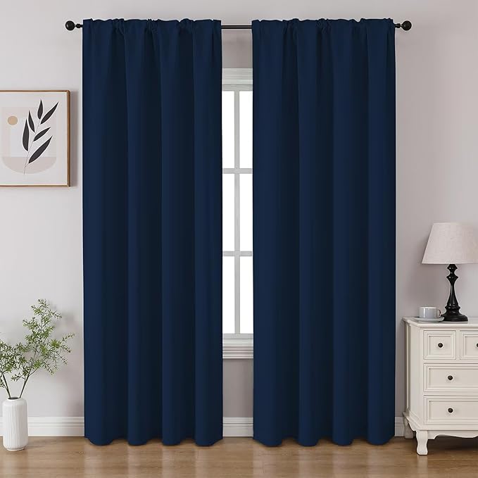 CUCRAF Navy Blue Blackout Curtains 96 inch Length 2 Panels Set, Rod Pocket Room Darkening Drapes for Bedroom Living Room, Insulated Thermal Light Blocking Window Curtain (W52 x L96 Inch)