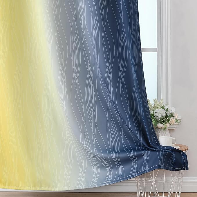 Estelar Textiler Navy Blue and Yellow Blackout Curtains 45 Inch Length, Full Light Blocking Gradient Drapes for Kitchen, Thermal Insulated Grommet Ombre Curtains for Bathroom,52Wx45L,2 Panels