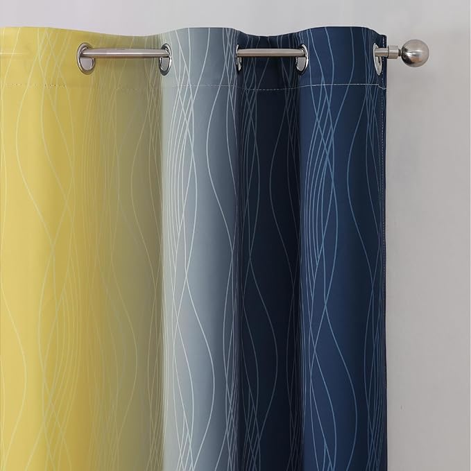 Estelar Textiler Yellow and Navy Blue Ombre Blackout Curtains for Living Room, Thermal Insulated Gradient Blackout Drapes, Full Room Darkening Energy Saving Curtains for Bedroom, 42Wx84L, 2 Panels