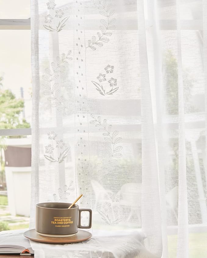 jinchan Belrose Linen Sheer Curtains for Living Room 96 Inch Length Sheer Voile Embroidered Floral Curtains for Bedroom Light Filtering Rod Pocket Window Treatments Farmhouse Decor 2 Panels White