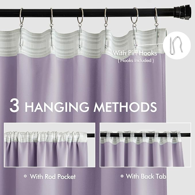 MIULEE Lilac Back Tab Blackout Curtains 72 Inches Long 2 Panels Set for Living Room Bedroom Privacy, Rod Pocket/Pinch Pleat Thermal Insulated Room Darkening Pleated Light Blocking Drapes