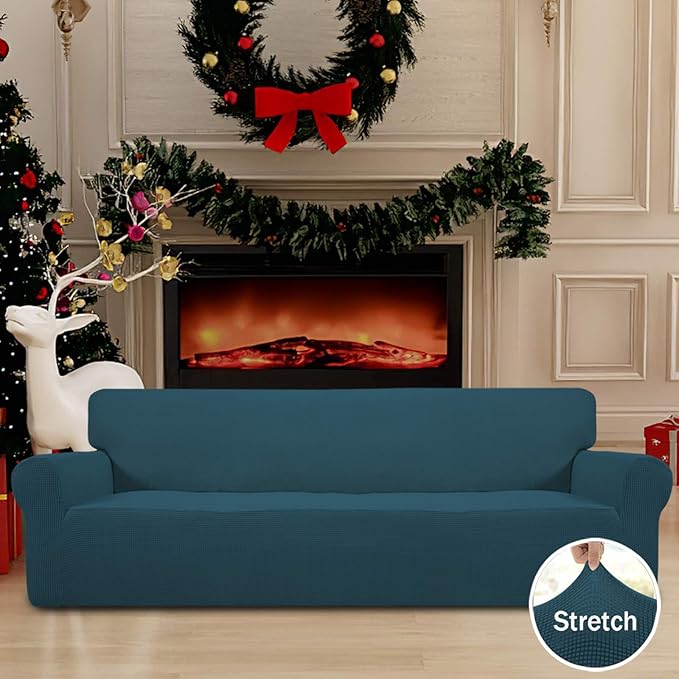 Easy-Going Stretch 4 Seater Sofa Slipcover 1-Piece Sofa Cover Furniture Protector Couch Soft with Elastic Bottom for Kids, Polyester Spandex Jacquard Fabric Small Checks Deep Teal