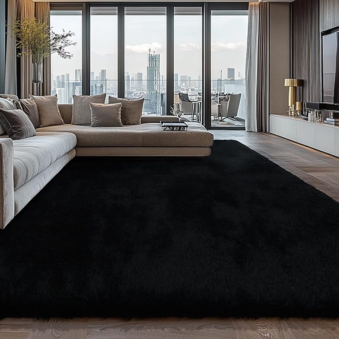 10X14 Large Shag Area Rugs for Living Room Bedroom,Big Soft Black Fluffy Rug for Bedroom Dorm, Indoor Carpet Nursery Rugs for Kids Girls Room Home Decor,Black