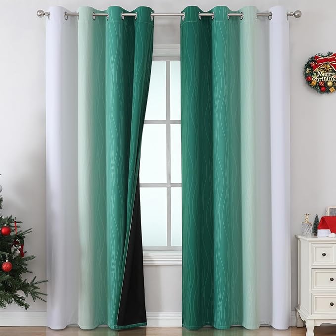 Estelar Textiler Green and Grayish White Ombre Blackout Curtains for Bedroom, Thermal Insulated Blackout Drapes, Full Light Blocking Energy Saving Long Curtains for Living Room, 52Wx108L, 2 Panels