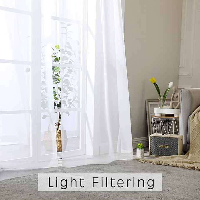 OWENIE Sheer Curtains, White Sheer Curtains 50 Inch Length 2 Panels Set, Rod Pocket Voile Fimly Sheer Drapes for Living Room Bedroom, 2pcs, White, Each 42" W x 50" L