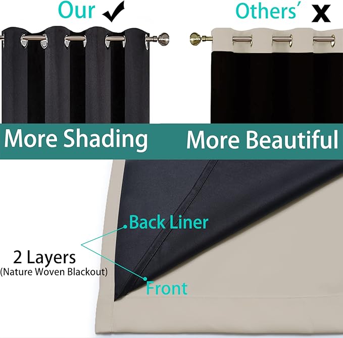 Yakamok 100% Blackout Curtains 84 Inches Long, 2 Thick Layers Heat and Full Light Blocking Soft Thermal Insulated Drapes for Bedroom(70" Wide Each Panel, Natural, 2 Panels)