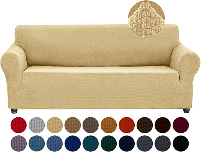 Joccun Stretch Couch Cover Slipcovers, 1-Piece Sofa Covers for 3 Cushion Couch Spandex Jacquard Washable Furniture Protector Cover for Living Room,Kids,Pets(Sofa,Champagne)