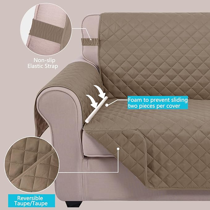 U-NICE HOME Recliner Chair Covers Reversible Quilted Water Repellent Pet Protectors with Elastic Straps (23''Recliner Small, Taupe/Taupe)