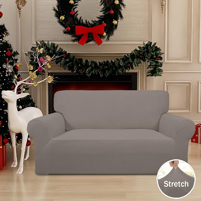 Easy-Going Stretch Loveseat Slipcover 1-Piece Sofa Cover Furniture Protector Couch Soft with Elastic Bottom for Kids Polyester Spandex Jacquard Fabric Small Checks (Loveseat, Taupe)
