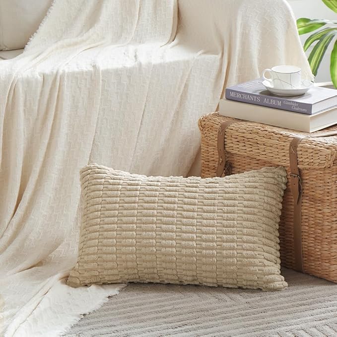 Fancy Homi 4 Packs Tan Decorative Throw Pillow Covers 16x24 Inch for Living Room Couch Bed Sofa, Beige Rustic Farmhouse Boho Home Decor, Soft Plush Striped Corduroy Square Cushion Case 40x60 cm