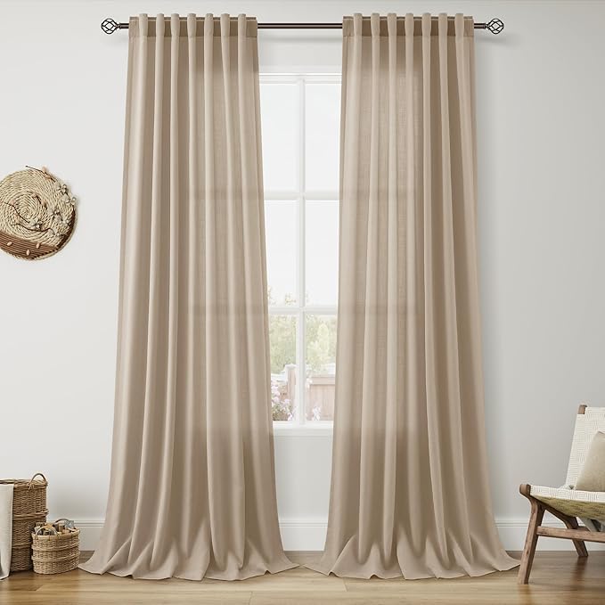 Sepia Beige Linen Curtains 112 Inches Long for Living Room Farmhouse Decor Light Filtering Semi Sheer Curtain Back Tab Rod Pocket Neutral Floor to Ceiling High Window for Bedroom 52x112, 2 Panels