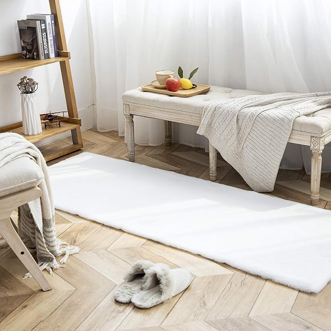 Ashler Faux Fur Rug, Ultra Soft Faux Rabbit Fur, White Area Rugs, 2.2 x 6 Feet Rectangle, Machine Washable Nursery Decor Throw Rugs for Bedroom, Kids Room, Living Room