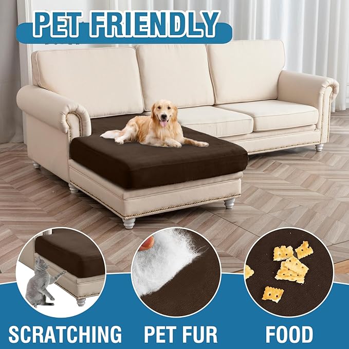 Couch Cover Velvet Chaise Cushion Cover for Sectional Sofas - Elastic L-Shaped Sofa Seat Covers Washable, Slipcover Protector (1-Piece, Coffee)