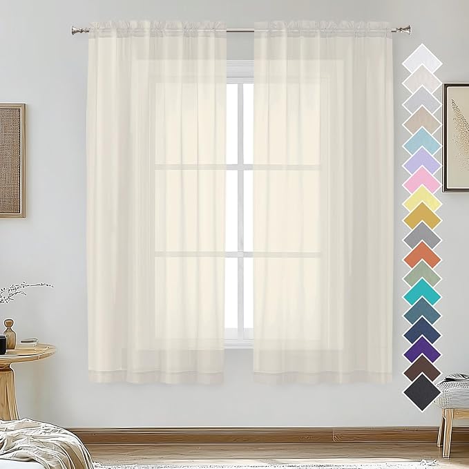 OVZME Cream Sheer Curtains 54 Inches Long 2 Panels - Soft Light Filtering Window Sheer Panels for Living Room/Bedroom, Top Dual Rod Pocket, 1 Pair, Each 42Wx54L Inches