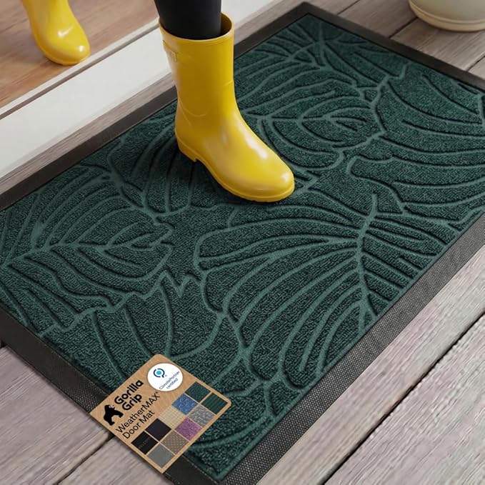 GORILLA GRIP 100% Waterproof All-Season WeatherMAX Doormat US Designed Natural Rubber, Stain and Fade Resistant, Low Profile Indoor Outdoor Door Mats, Easy Clean Patio Mat, 29x17, Green Palm