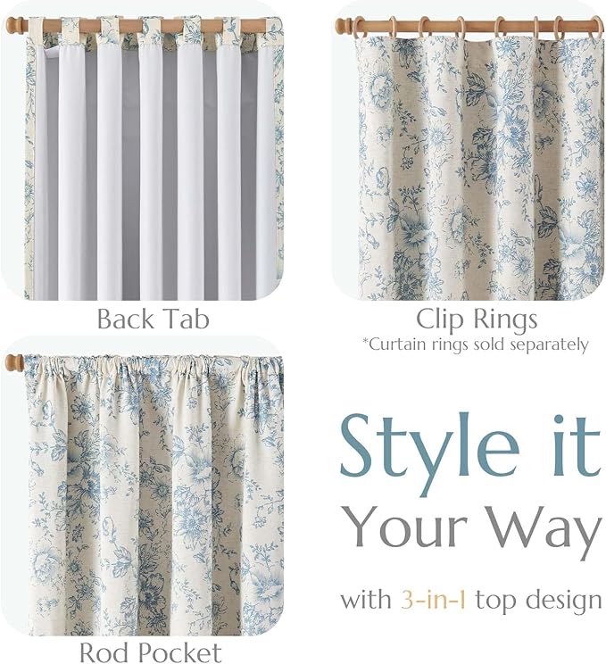 jinchan Blackout Floral Curtains for Living Room Bedroom Linen Blend Curtain Farmhouse Blue Printed with Lined Back Tab Rod Pocket Drapes Window Treatments 2 Panels 63 Inch