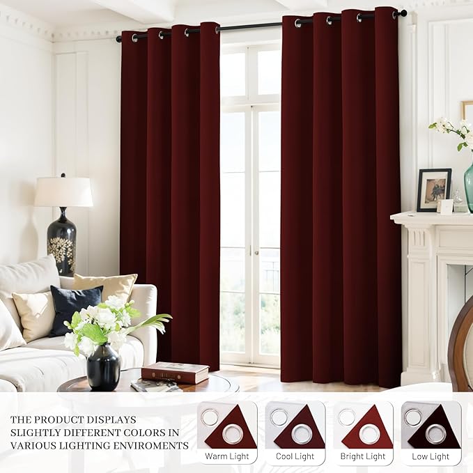 Yakamok Room Darkening 100% Blackout Curtains Grommet Window Treatments with 2 Thick Layers-Burgundy Red Thermal Insulated Drapes Set of 2 Panels for Bedroom Living Room 52 Inches by 84 Inches Length