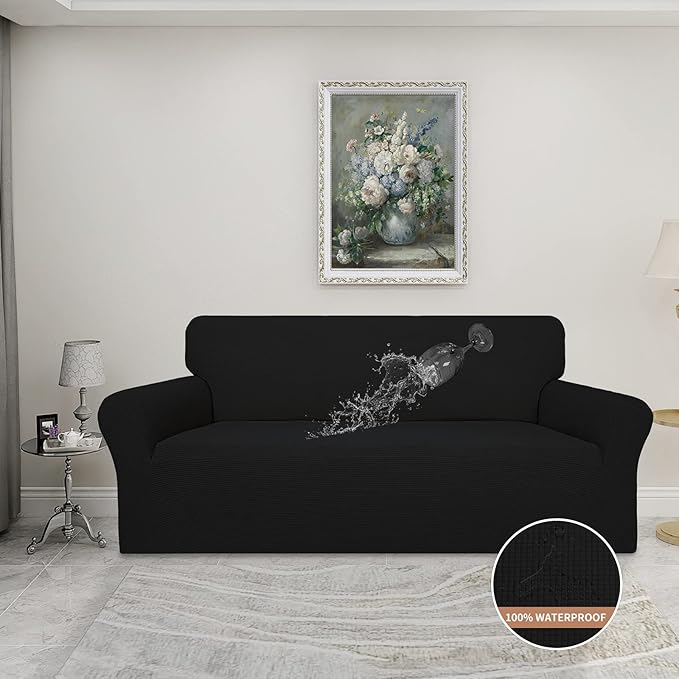 Easy-Going 100% Waterproof Couch Cover, Dual Waterproof Sofa Cover, Stretch Jacquard Sofa Slipcover, Leakproof Furniture Protector for Kids, Pets, Dog and Cat (Oversized Sofa, Black)