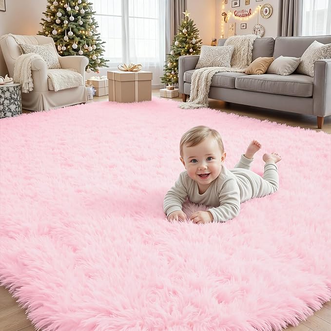 6x9 Area Rugs for Living Room Rug: Soft Fluffy Shag Light Pink Rugs for Bedroom, Non-Slip Large Fuzzy Plush Rug Indoor Floor Carpet for Nursery Kids Boys Girls Room, Dorms, Playroom, Modern Home Decor